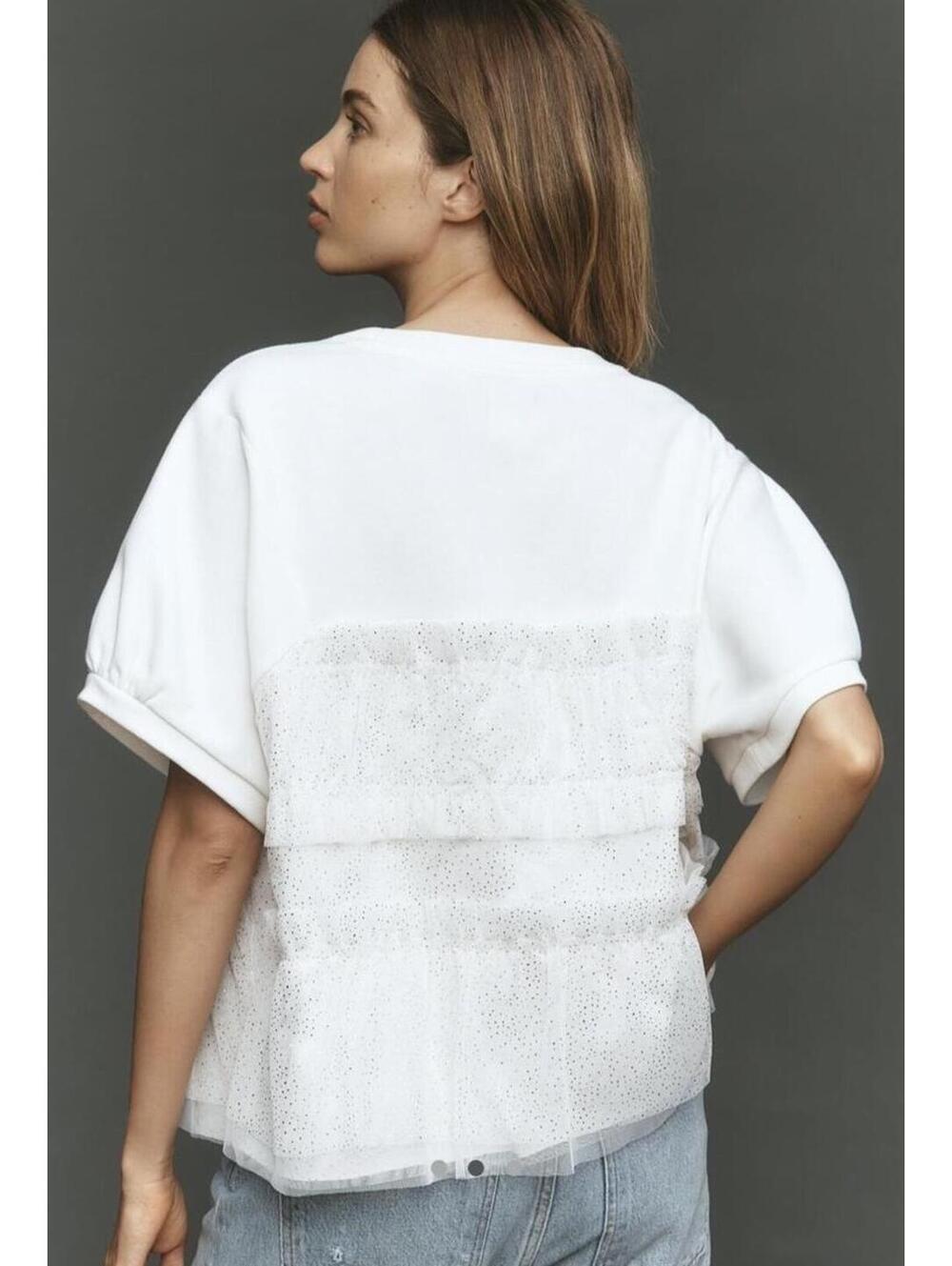 NWOT MAEVE Anthropologie Short Sleeve Smocked Ruffled Sweatshirt sz L - Picture 2 of 7